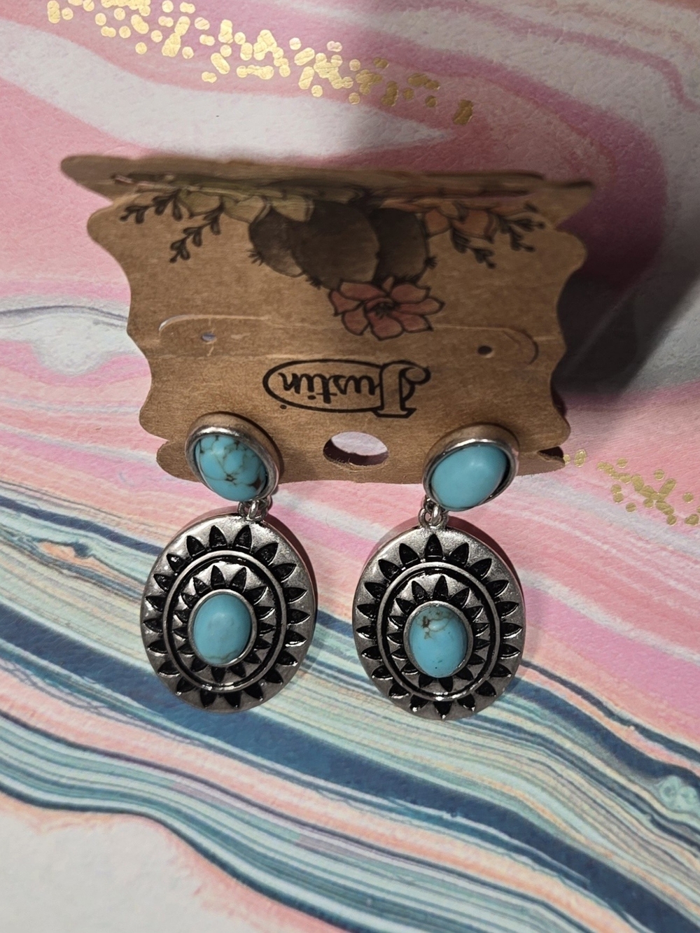 Justin Boots Silver-Tone Earrings with Turquoise Ovals